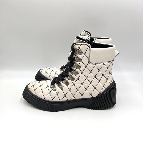 Black And White Leather Quilted Studded Lace Up Combat Moto  Boots Size‎ 37 EU - Picture 5 of 16